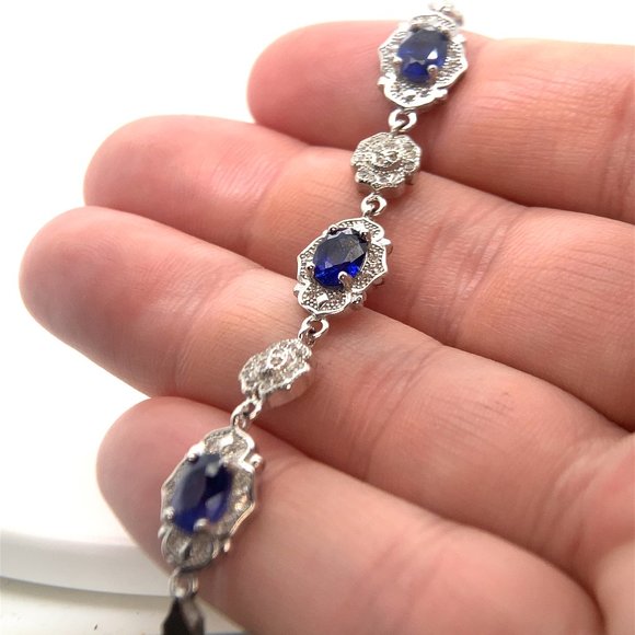 Blue Sapphire 3.62ct Platinum Finish Solid 925 Sterling Silver Bracelet - Picture 1 of 8